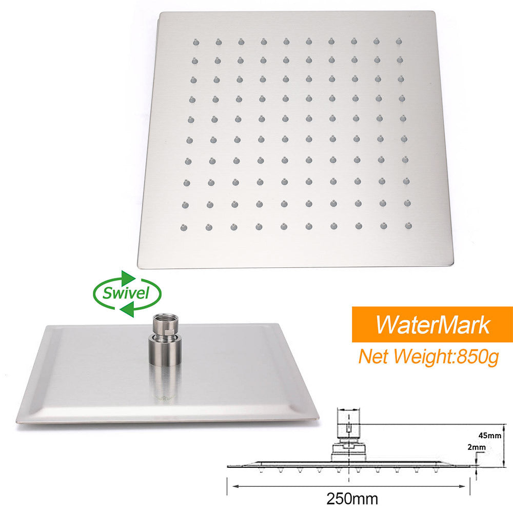 Brushed Nickel Silver Square 10" Rain Shower Head & Brass Gooseneck Wall Arm Set