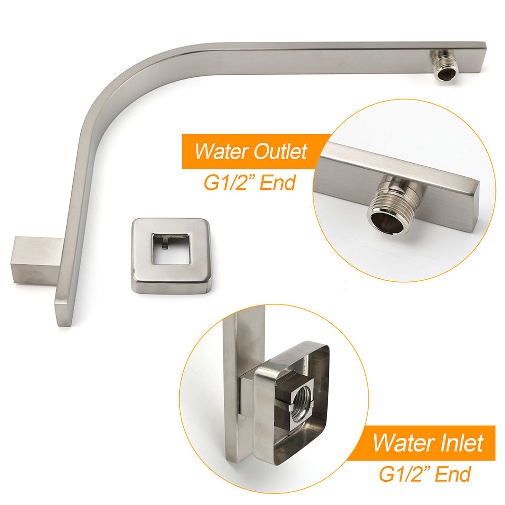 Brushed Nickel Silver Square 12" Rain Shower Head & Brass Gooseneck Wall Arm Set