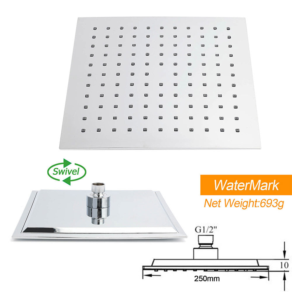 WELS 10" 7.5L/m Chrome Square Rain Shower Head Brass Gooseneck Wall Arm Set