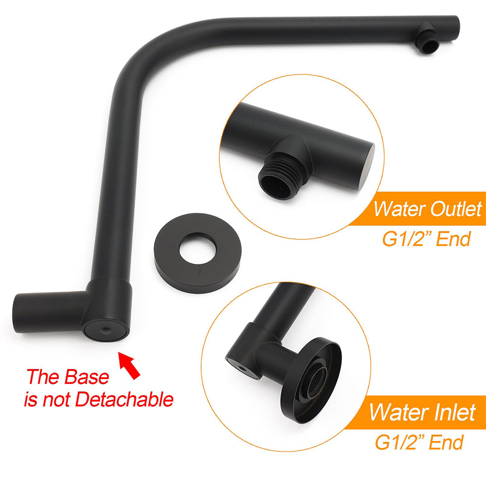 WELS Matt Black 12" Large Round Rain Shower Head & Gooseneck Swivel Wall Arm Set