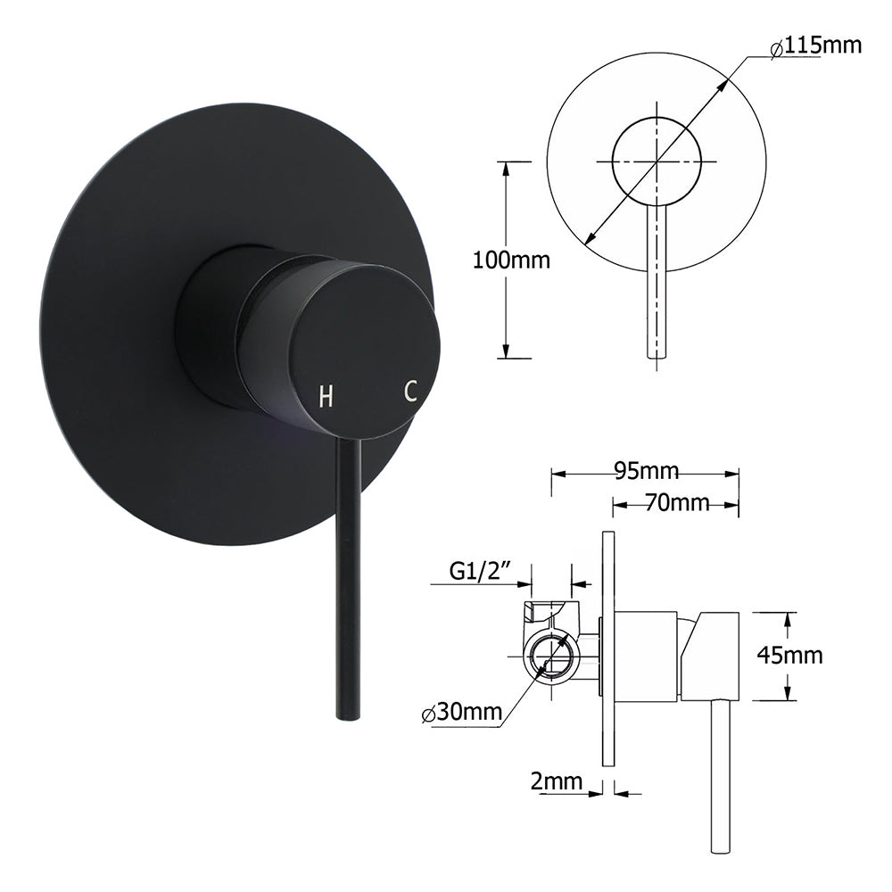 WELS Matt Black Twin Round 12" Shower Head Set Handheld Flexible Rail Wall Arm Mixer