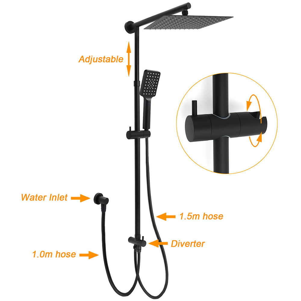 Matt Black 2in1 Set Square 10" Shower Rain Head Handheld Adjustable Silding Rail + Twin Taps