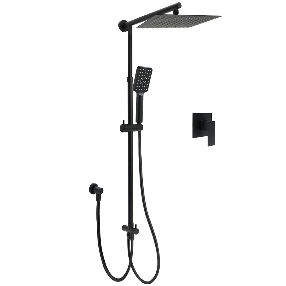 Matt Black 2in1 Set Square 10" Shower Rain Head Handheld Adjustable Silding Rail + Mixer