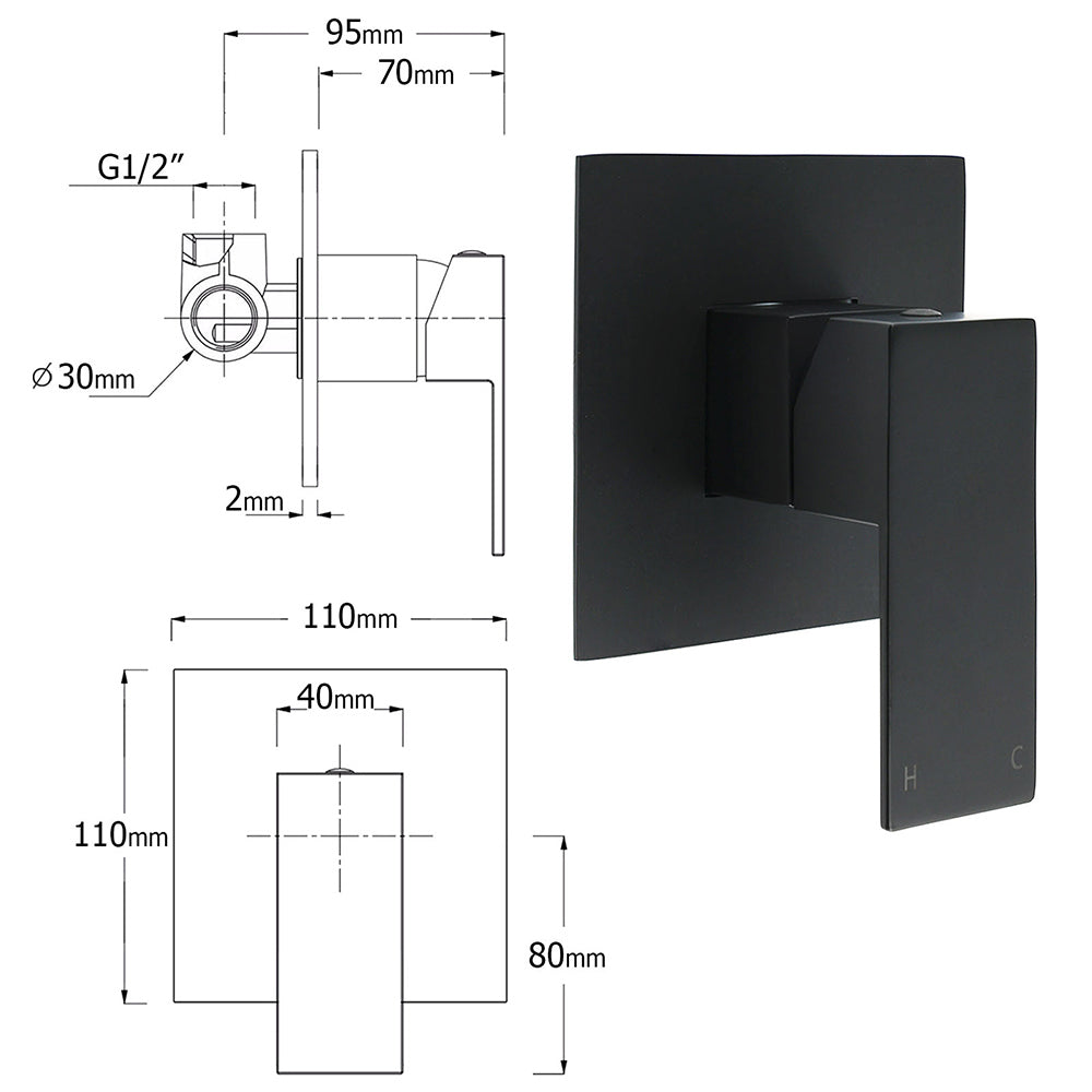 Matt Black 2in1 Set Square 10" Shower Rain Head Handheld Adjustable Silding Rail + Mixer