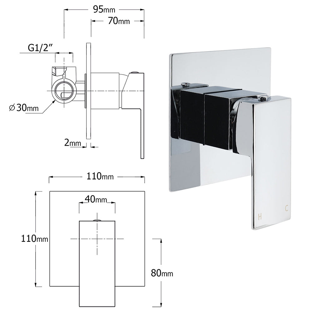 KYLINS Chrome 10" Square Rain Shower Set - Mixer Rail & Handheld