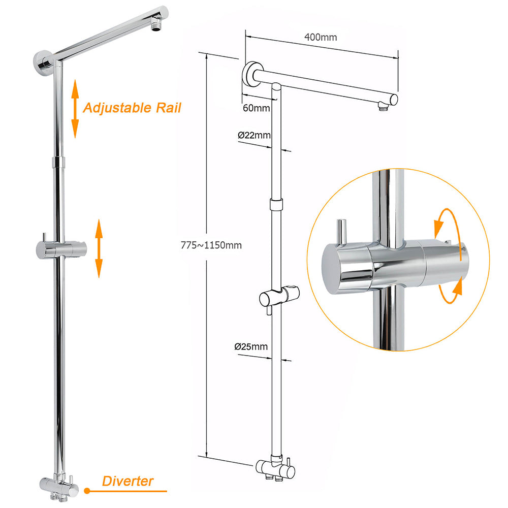 Double Square Shower Head 12" Rain Rose + 3 Modes Handheld Diverter Rail Arm Mixer Set