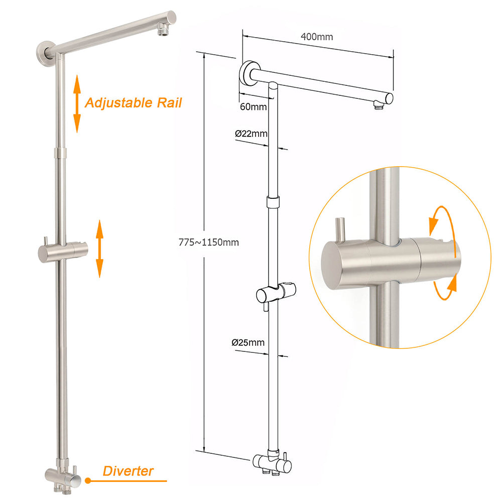 KYLINS Brushed Nickel 12" Square Rain Shower Set - Rail & Handheld