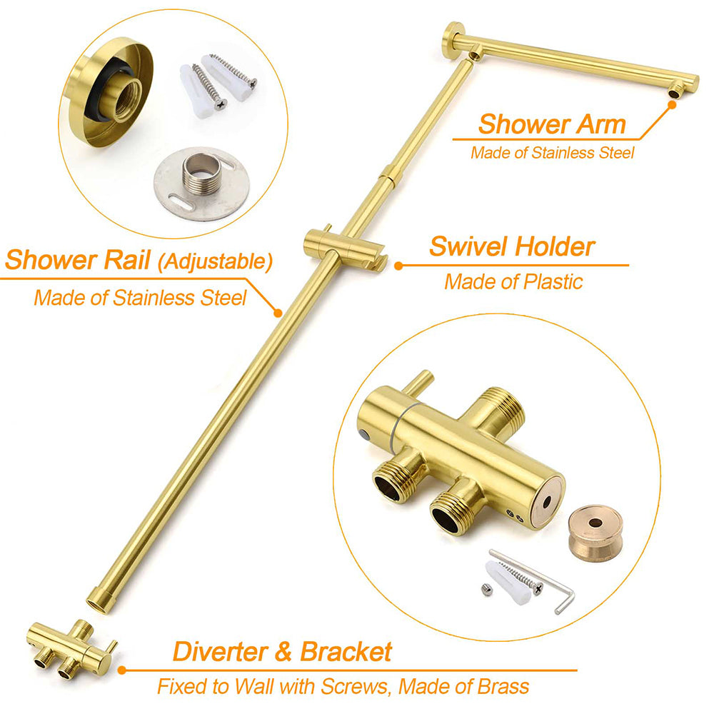 Brushed Gold Square 12" Large Rain Head 3 Mode Handheld Rose Sliding Rail Arm Twin Shower Set