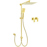 Brushed Gold Square 12" Rain Head 3 Mode Handheld Rose Sliding Rail Wall Arm Dual Shower Taps Set