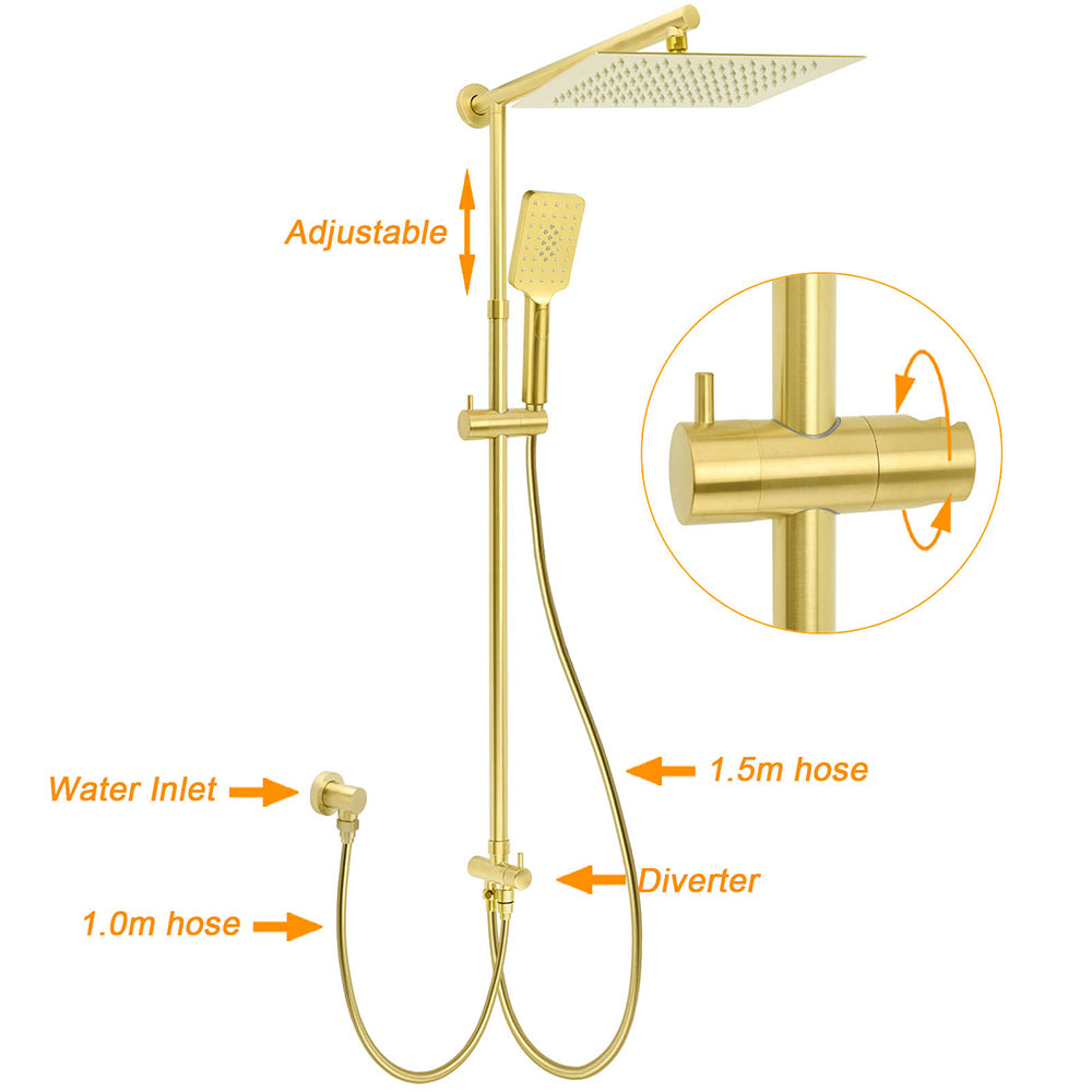 Brushed Gold Square 12" Rain Head 3 Mode Handheld Rose Sliding Rail Wall Arm Dual Shower Taps Set