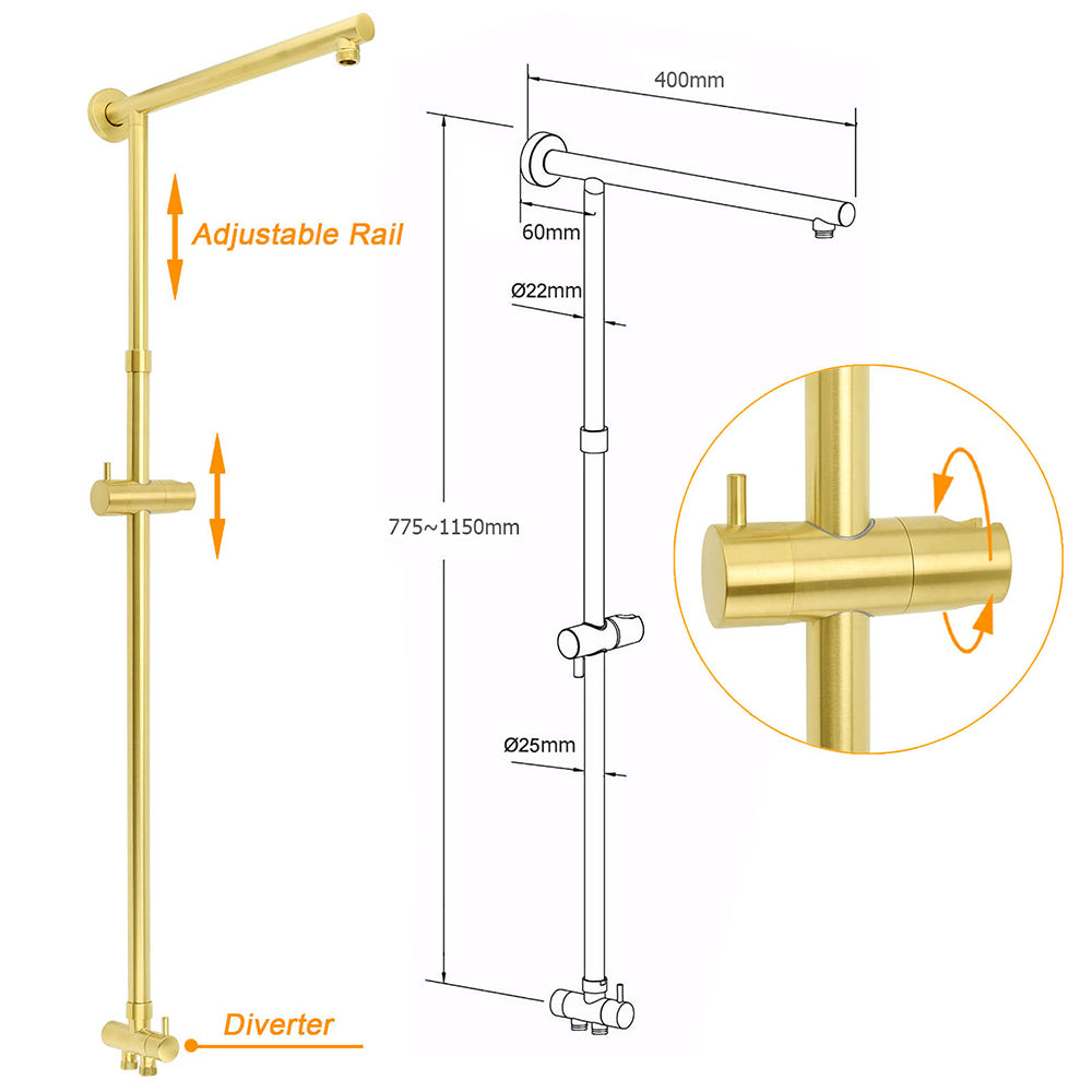 Brushed Gold Square 12" Rain Head 3 Mode Handheld Rose Sliding Rail Wall Arm Dual Shower Taps Set