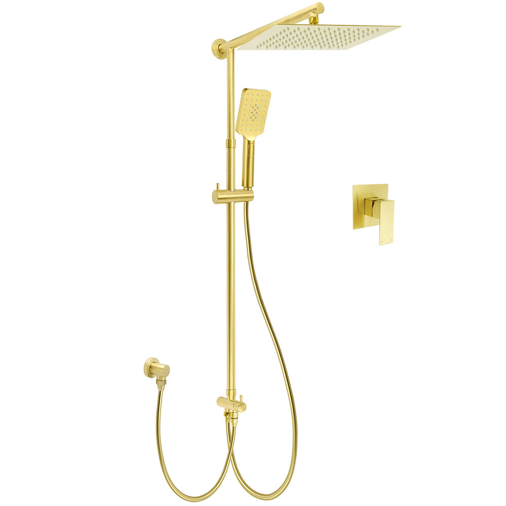 WELS Brushed Gold Square 12" Rainfall Head 3 Modes Handheld Sliding Rail Wall Mixer 2in1 Shower Set