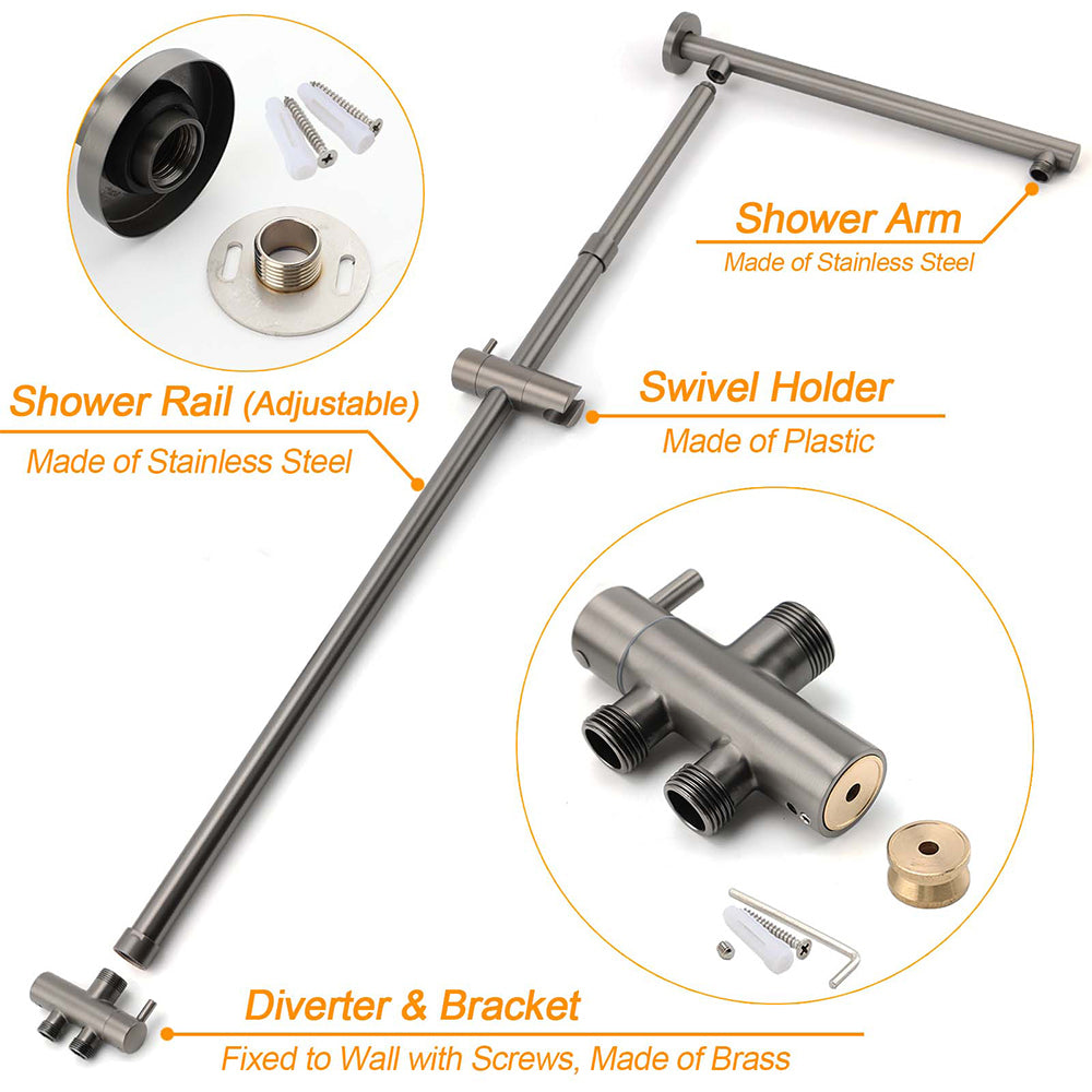 WELS Gun Metal 2in1 Shower Set Square 12" Rainfall Head Handheld Adjustable Silde Rail Combo