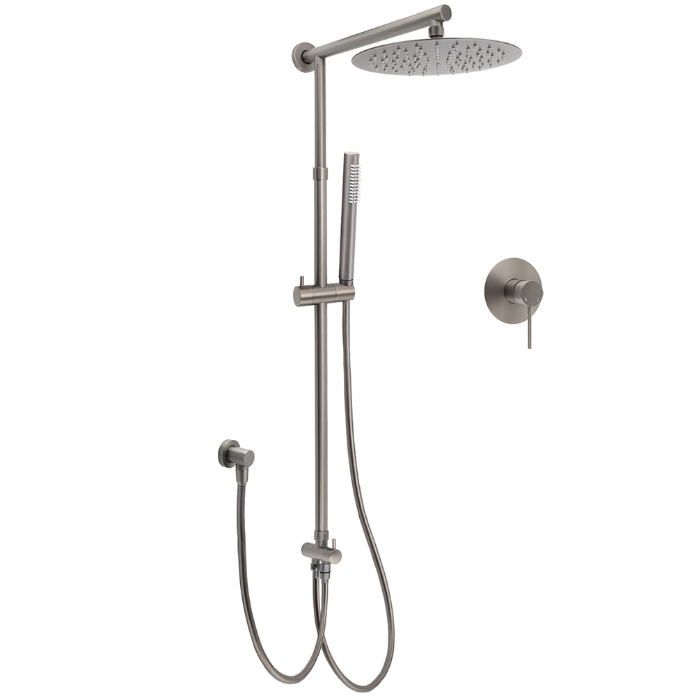 WELS Gun Metal Double Round Shower 10" Rain Head Metal Handheld Sliding Rail Mixer Valve Set