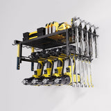 Wall-mounted black metal tool rack organizing yellow power drills, wrenches, and hand tools
