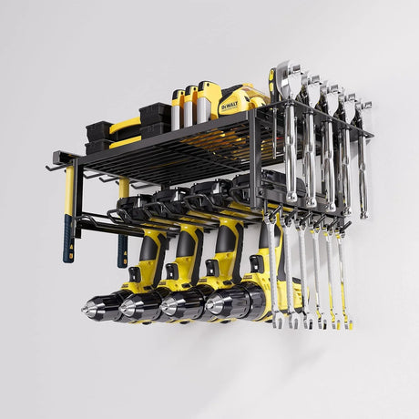 Wall-mounted black metal tool rack organizing yellow power drills, wrenches, and hand tools