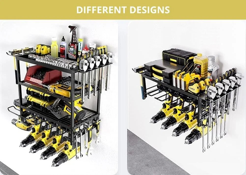 Two black metal storage racks with yellow and black power tools, wrenches, spray bottles, and toolboxes organized on shelves