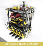 Black wall-mounted tool organizer holding drills, wrenches, measuring tapes, spray bottles, sockets, and toolboxes