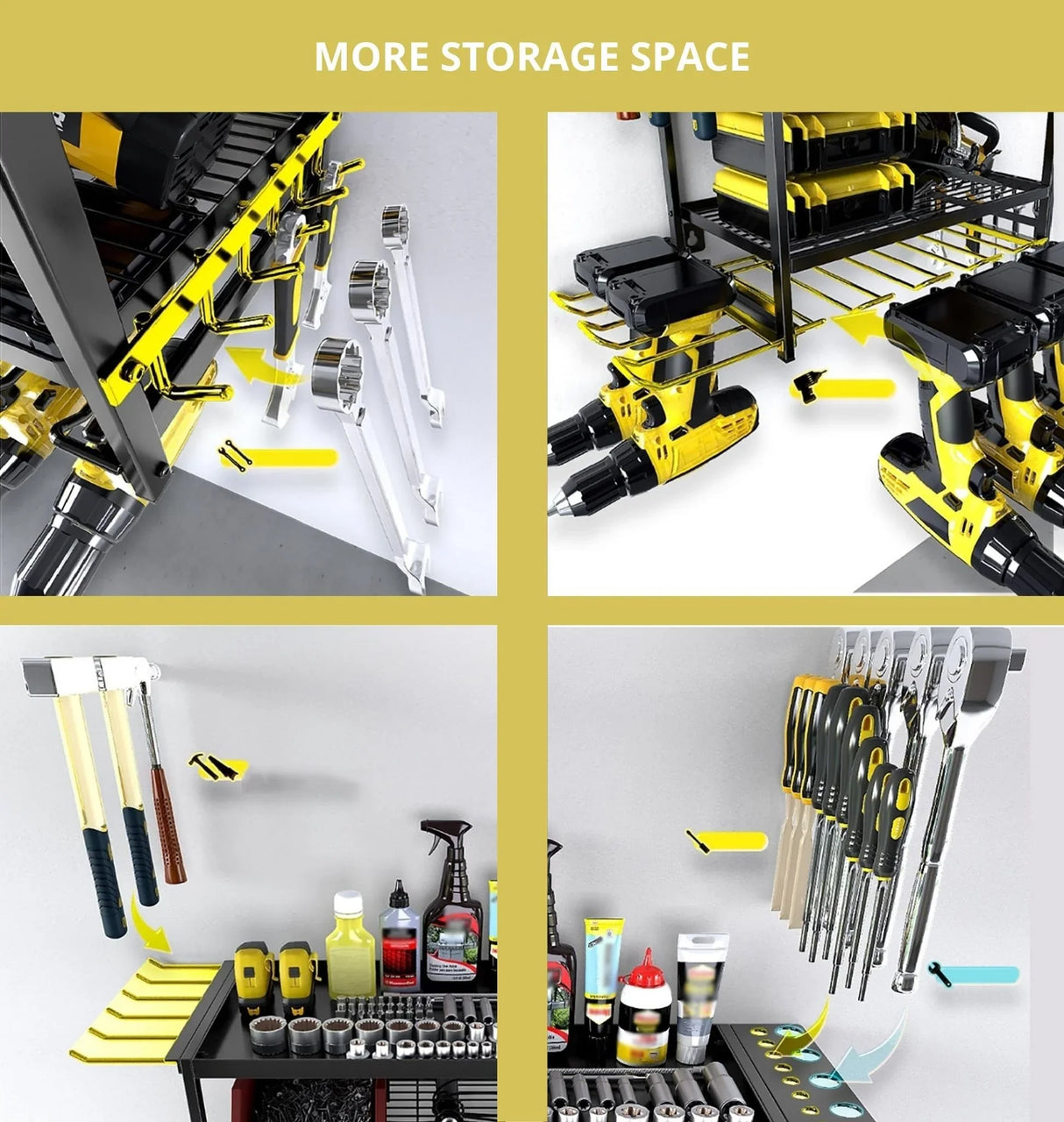 Organized workshop wall hooks and racks storing drills, wrenches, and tools for more storage space