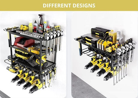 Two black metal wall-mounted tool racks holding yellow power drills, wrenches, tapes, and bottles in a workshop setting