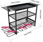 Black metal kitchen storage rack with two shelves, utensil hooks, and bottle holder, 60x41.5cm