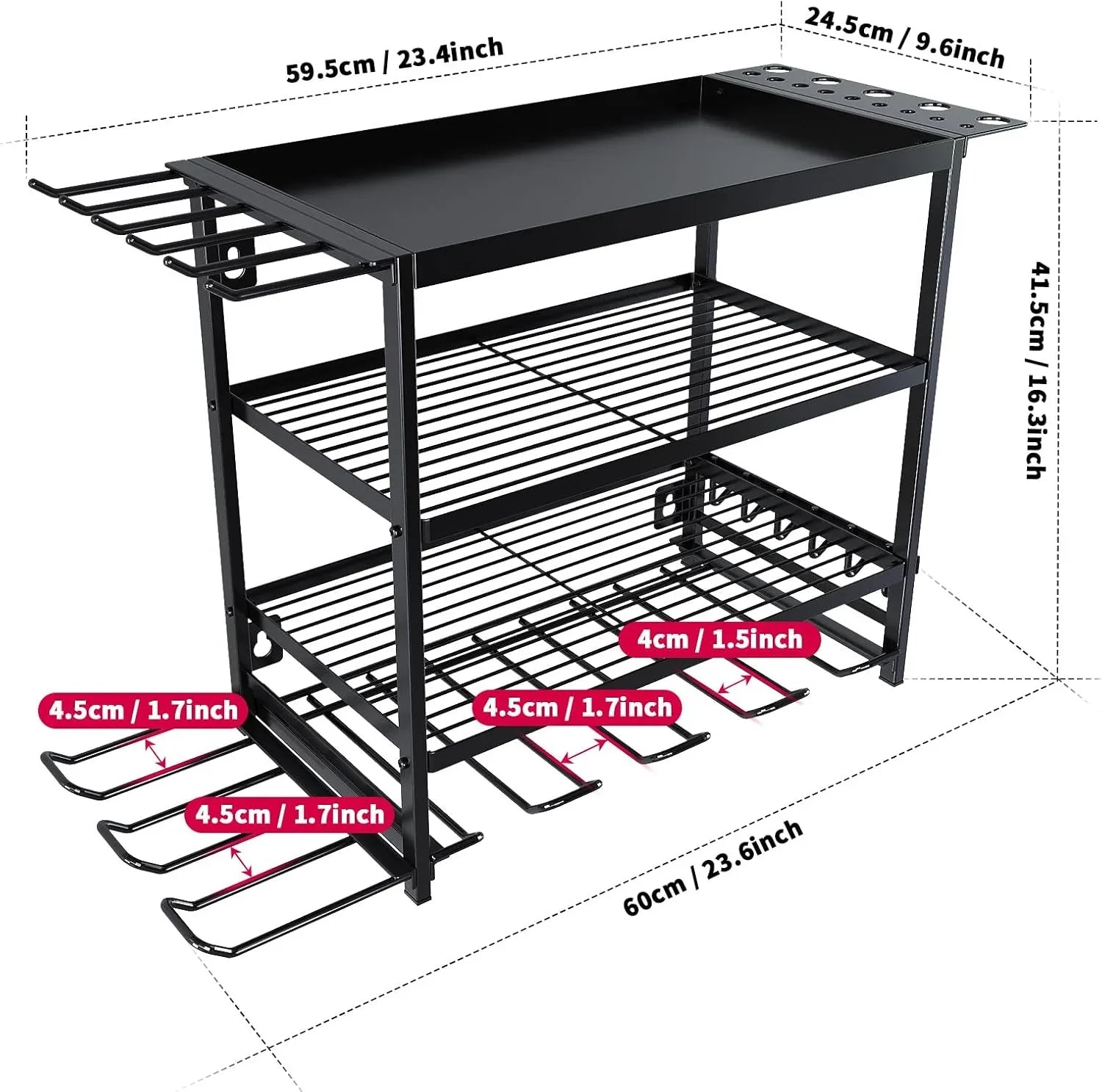 Black metal kitchen storage rack with two shelves, utensil hooks, and bottle holder, 60x41.5cm