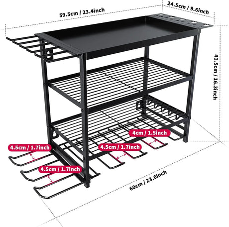 Black metal kitchen storage rack with two shelves, utensil hooks, and bottle holder, 60x41.5cm