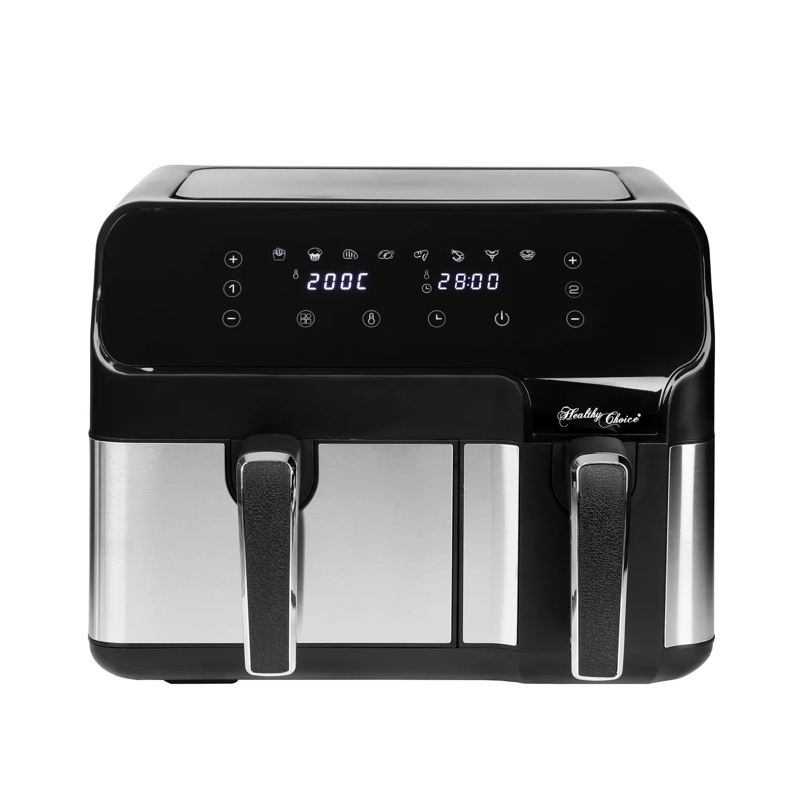 Healthy Choice dual basket air fryer with digital touchscreen display set to 200°C and 28 minutes