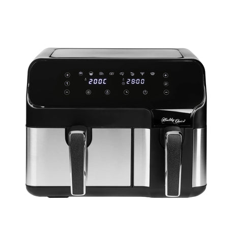 Healthy Choice dual basket air fryer with digital touchscreen display set to 200°C and 28 minutes