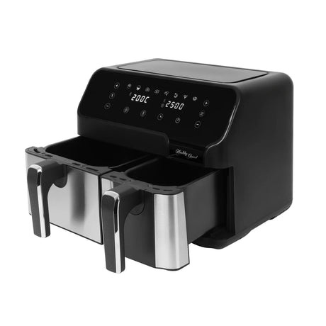 Black and stainless steel dual basket air fryer with digital touchscreen controls and temperature display