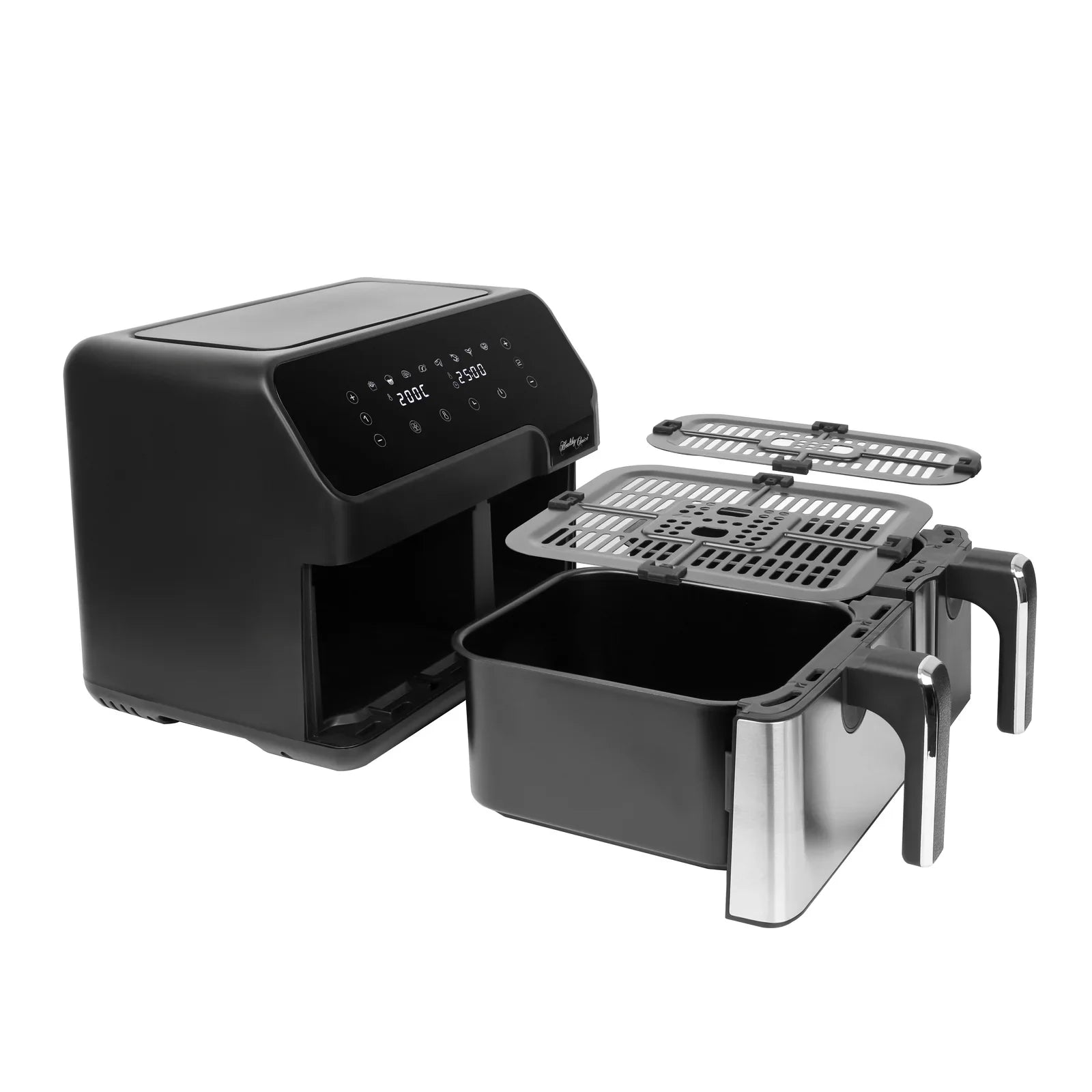 Black dual basket air fryer with digital touchscreen control panel and stainless steel accents