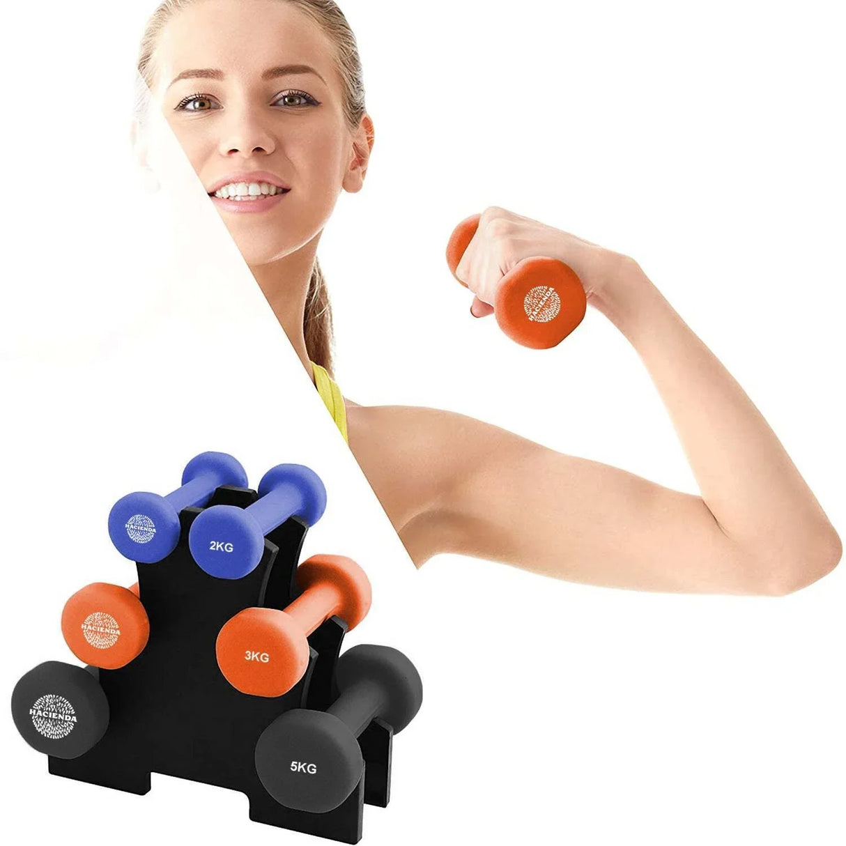 Woman lifting orange dumbbell with dumbbell rack set, home gym fitness weights