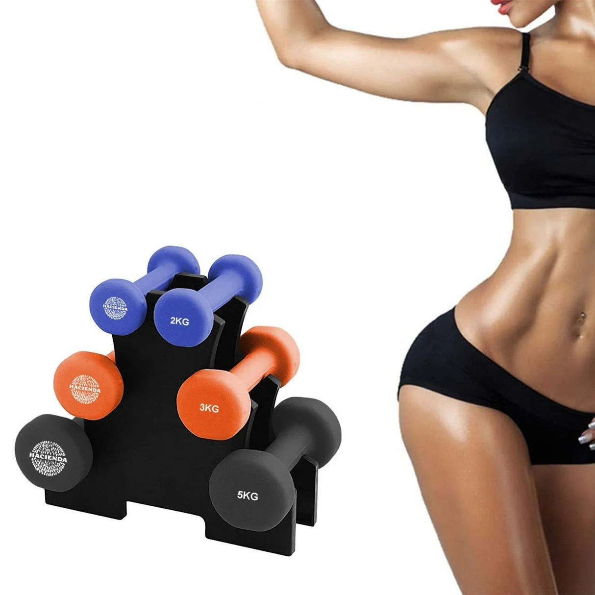 Neoprene dumbbell set with rack and fit woman in sportswear, home gym fitness equipment