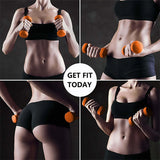 Woman in sportswear exercising with orange dumbbells, fitness motivation, Get Fit Today text