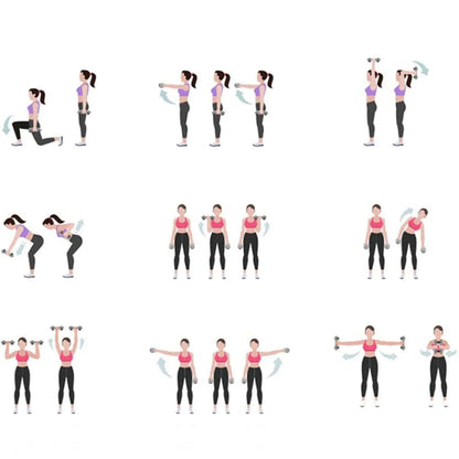 Woman demonstrating dumbbell exercises step by step for home workout routine