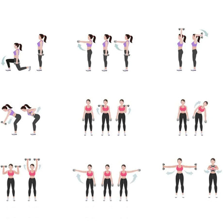 Woman demonstrating dumbbell exercises step by step for home workout routine