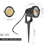Black outdoor LED garden spotlight with spike, 12V, dimensions and 30cm cable length shown