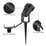 Black outdoor spotlight with cast aluminum shell, 360° horizontal and 270° vertical rotation on stake