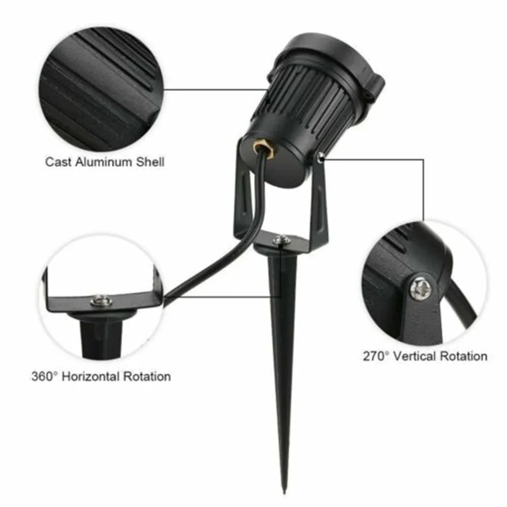Black outdoor spotlight with cast aluminum shell, 360° horizontal and 270° vertical rotation on stake