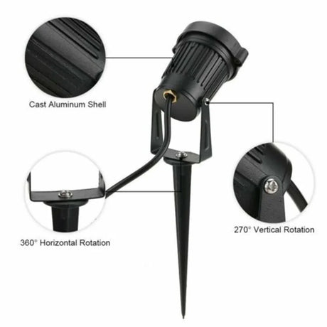 Black outdoor spotlight with cast aluminum shell, 360° horizontal and 270° vertical rotation on stake