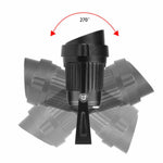 Black adjustable spotlight with 270-degree rotation, shown in multiple angled positions against white background