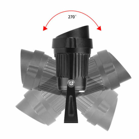 Black adjustable spotlight with 270-degree rotation, shown in multiple angled positions against white background