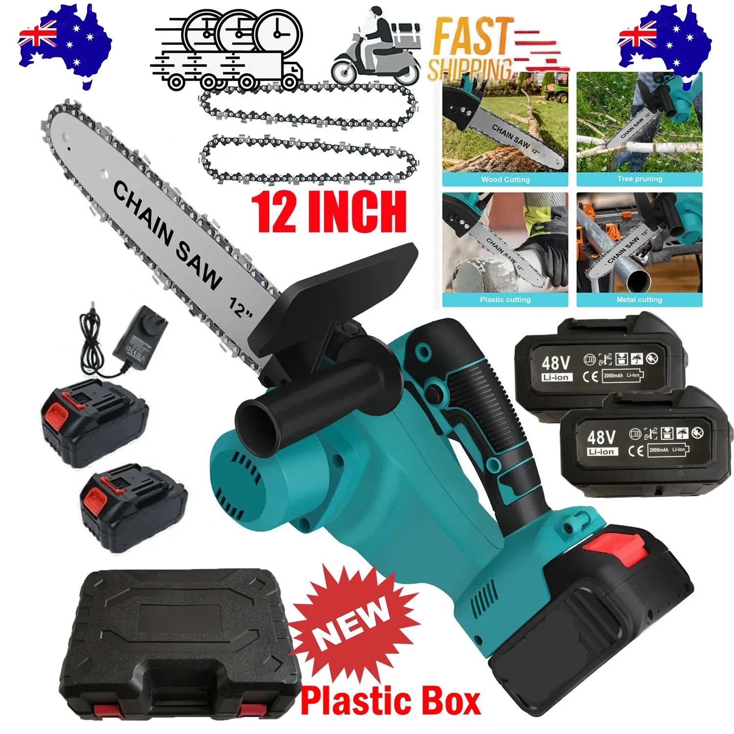 12-inch cordless electric chainsaw with 48V lithium-ion batteries, fast shipping, new plastic case