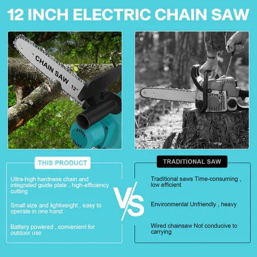 Comparison of 12 inch electric chainsaw cutting a branch and traditional wired chainsaw on tree stump