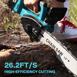 Person using a 12-inch blue electric chainsaw cutting a log with high-efficiency cutting at 26.2 feet per second
