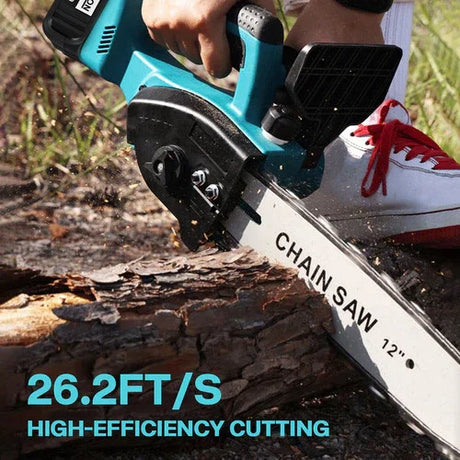 Person using a 12-inch blue electric chainsaw cutting a log with high-efficiency cutting at 26.2 feet per second