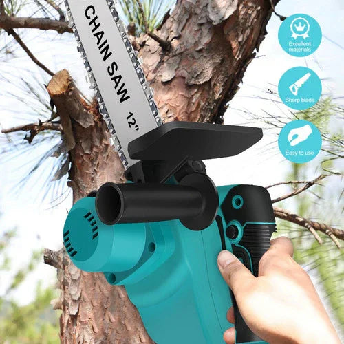 Electric 12-inch chainsaw cutting tree branch, teal and black design, ergonomic grip, outdoor use