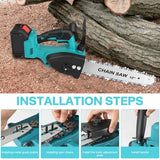 12-inch cordless chainsaw with teal body placed on wood chips near logs, installation steps shown below