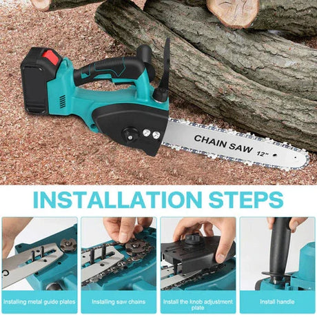 12-inch cordless chainsaw with teal body placed on wood chips near logs, installation steps shown below