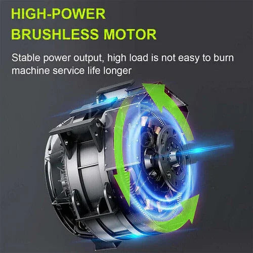 High-power brushless motor with glowing blue and green arrows highlighting stable power output and durability